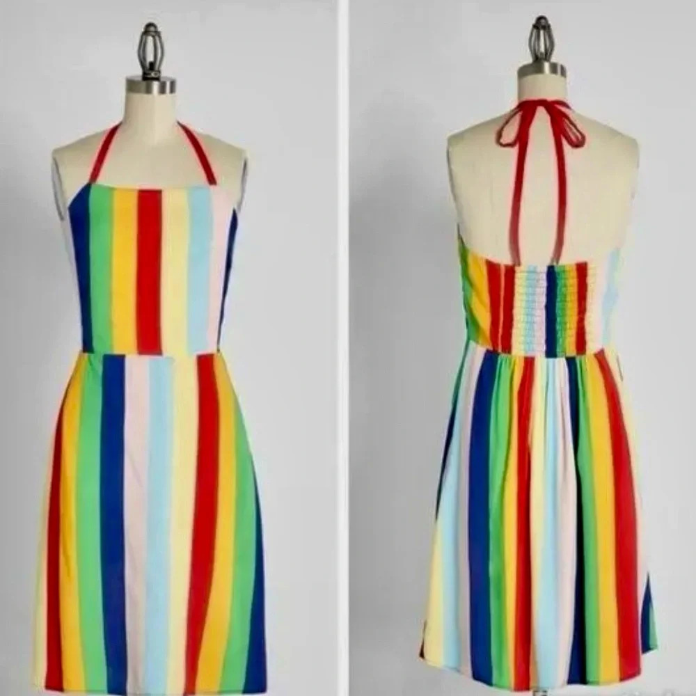 Modcloth Sunlit Salutations Striped Rainbow Halter Dress Large NWT Pride LGBTQ+